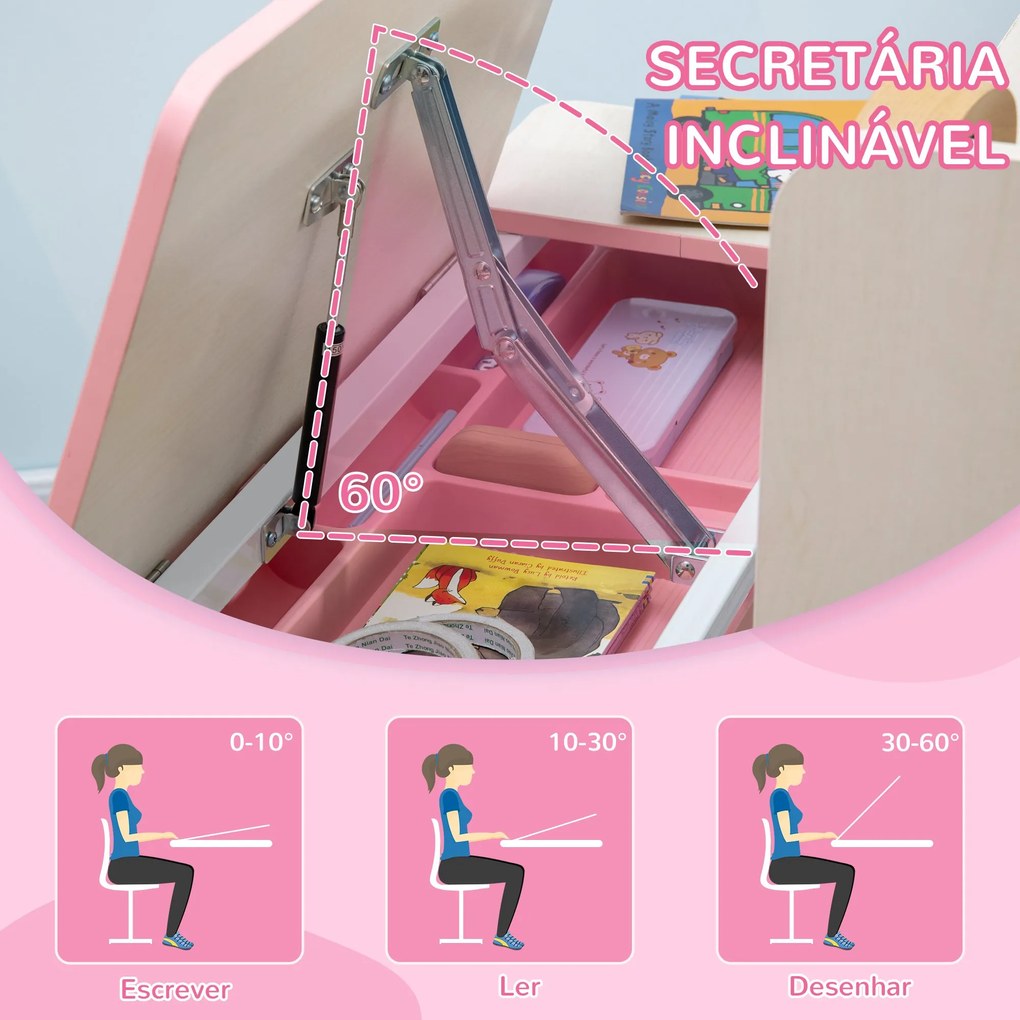 Conjunto de Secretária e Cadeira para Crianças acima de 3 Anos com Altura Ajustável Secretária Infantil com Bancada Inclinável Gaveta e Prateleira par