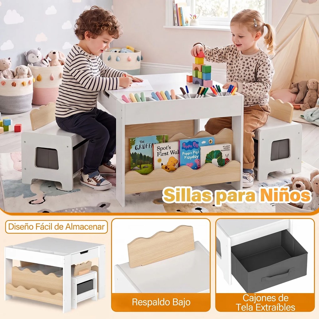 Conjunto de Mesa Infantil e 2 Cadeiras, 66 x 64 x 48 cm, Tabuleiro Reversível, Natural
