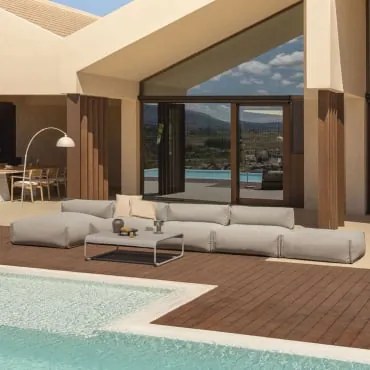Sofá De Jardim Modular Porto Com Chaise Longue De 4 Peças, Pufe E Mesa De Centro Castanho Moka - Sklum