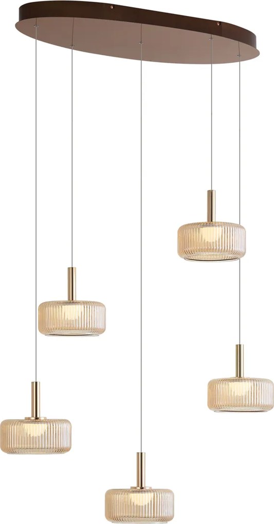 Candeeiro Suspenso de Design Ouro Rosa com Vidro Âmbar incl. LED Regulável em 3 Passos 5 Luzes Easylift - Fiera