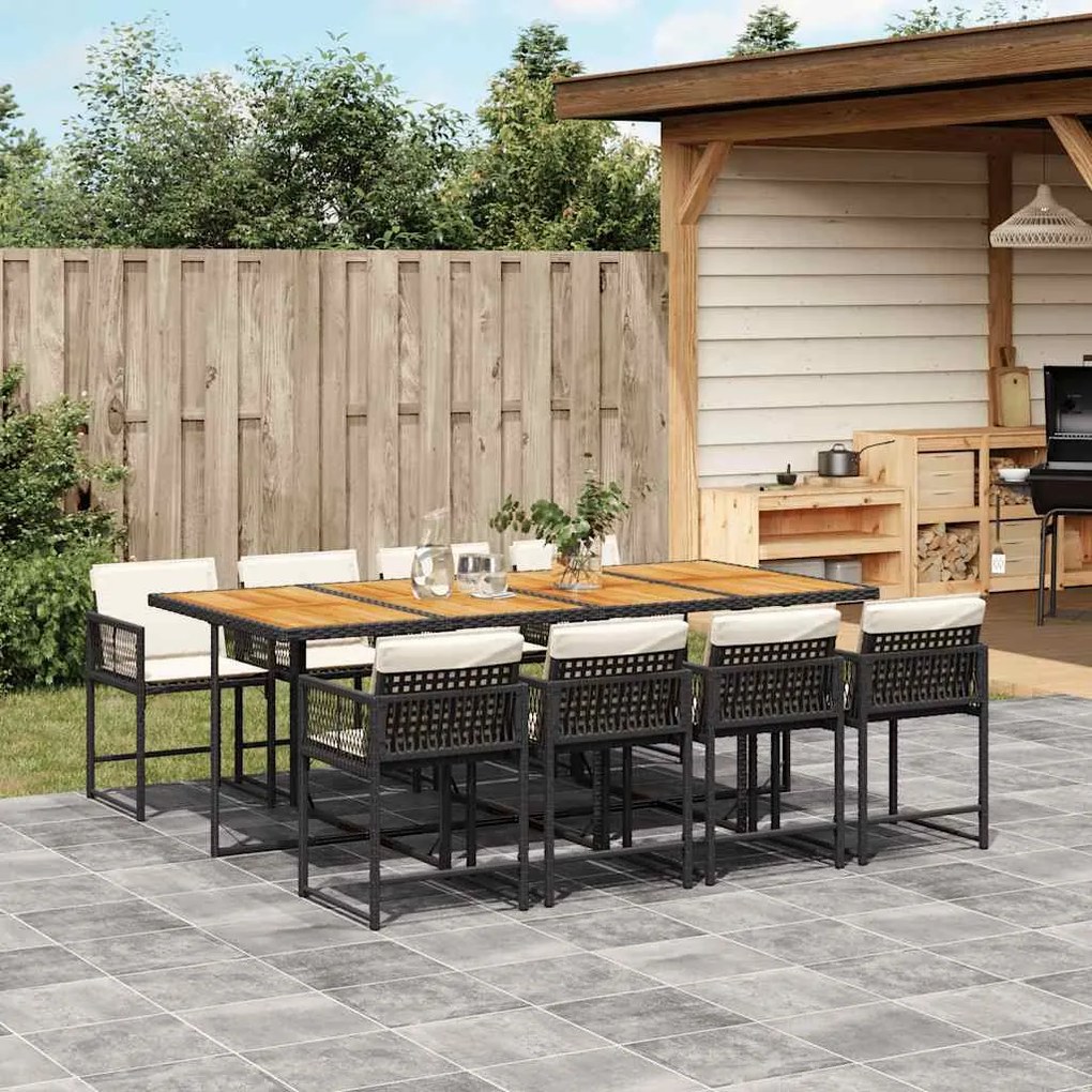 9 pcs conjunto de jantar p/ jardim c/ almofadões vime PE preto