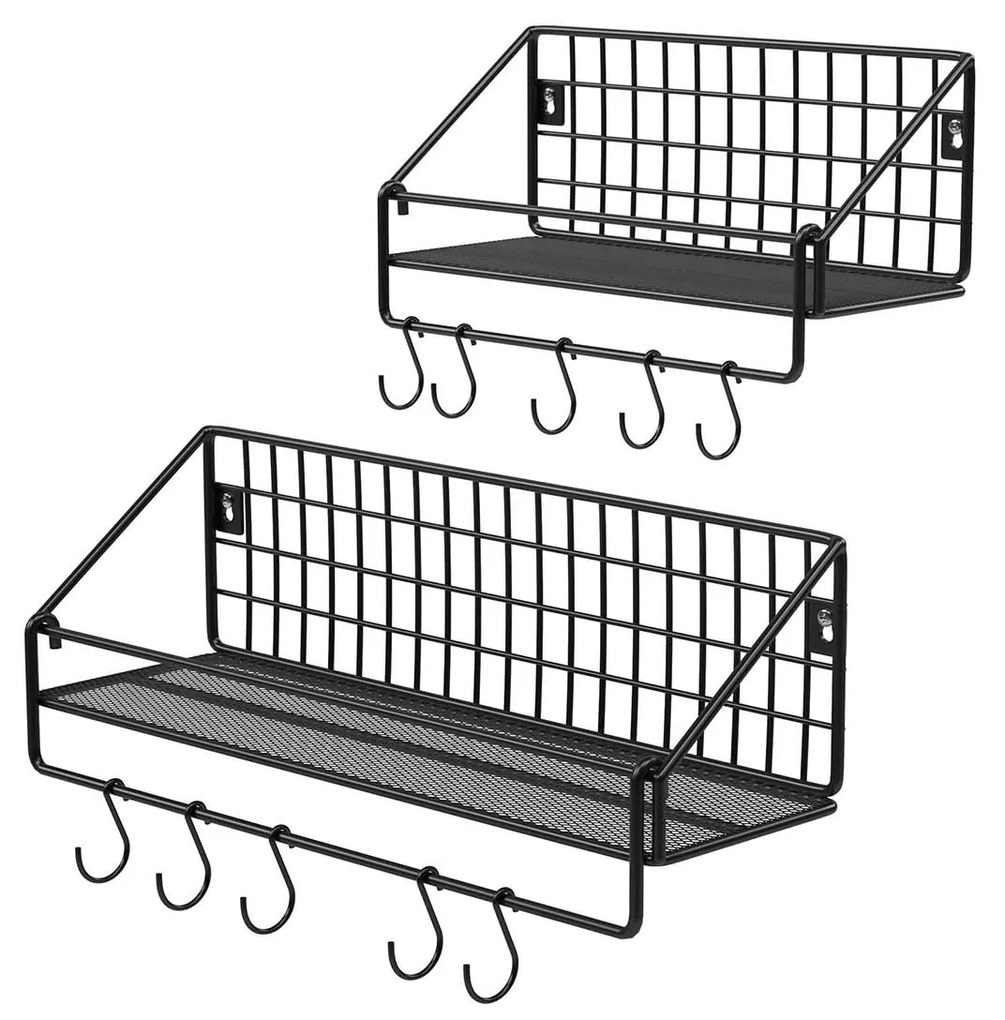 Prateleiras de parede de metal industriais SONGMICS, cada uma com capacidade para 15 kg, pacote com 2 prateleiras de cozinha com 10 ganchos, para quarto e sala de estar, 30 x 12 x 13 cm, 40 x 12 x 13 cm, preto LFS02BK
