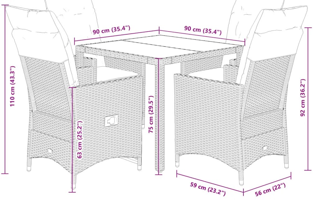 5 pcs conjunto de jantar p/ jardim c/ almofadões vime PE cinza