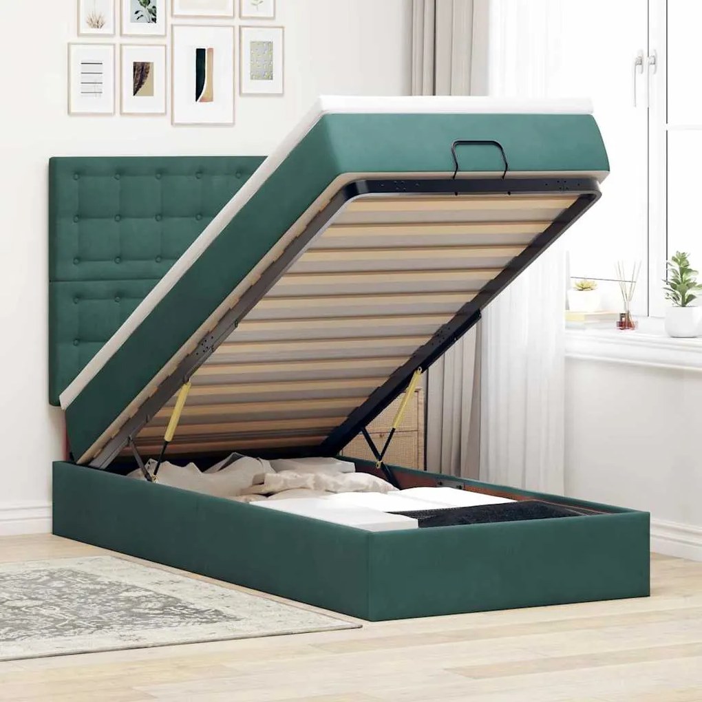 vidaXL Estrutura cama otomana colchões 90x190cm veludo verde escuro