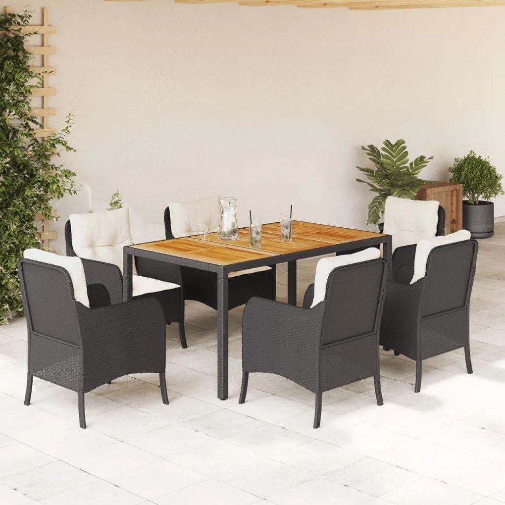 7 pcs conjunto de jantar p/ jardim c/ almofadões vime PE preto