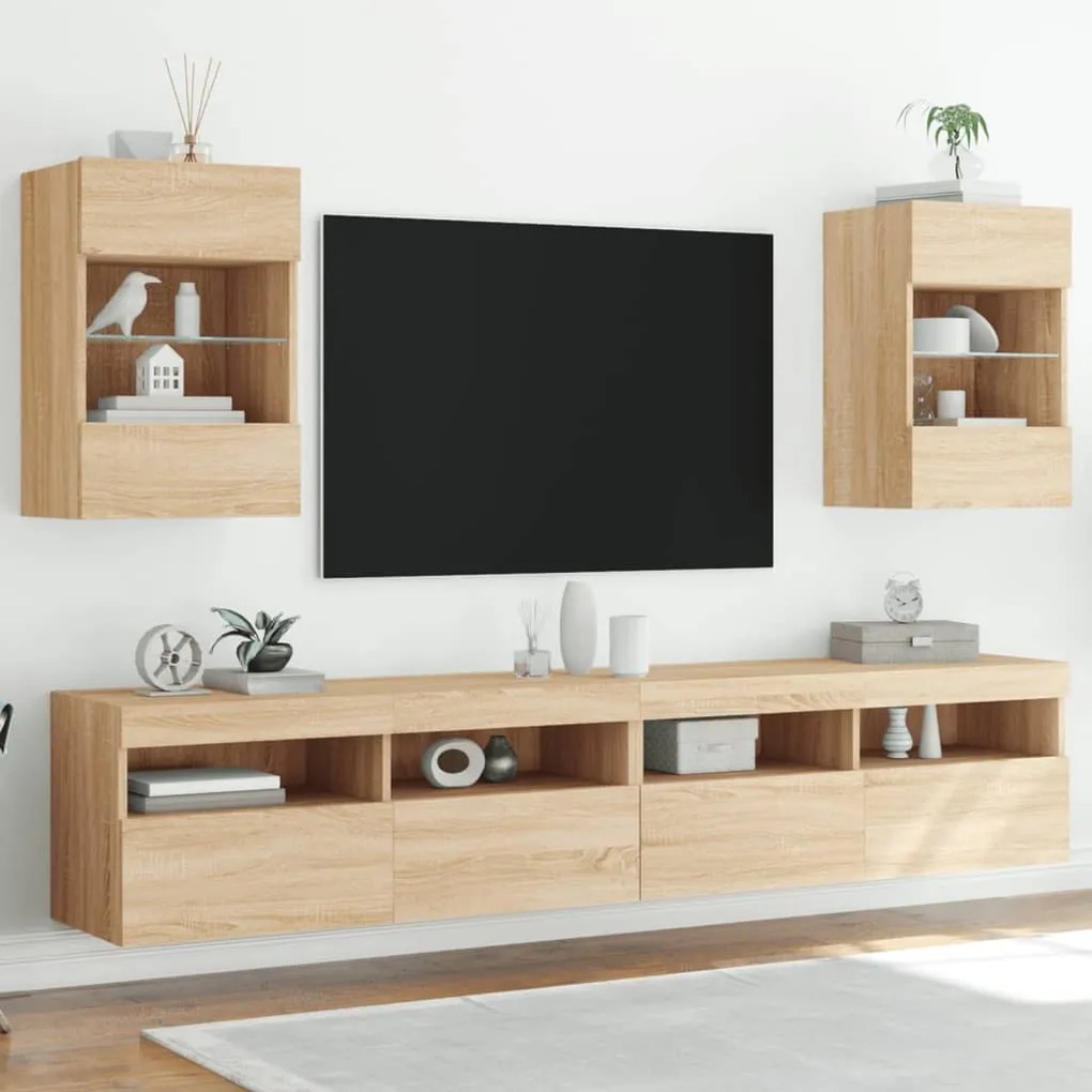 vidaXL Armários de parede com luzes LED para TV 2 pcs carvalho sonoma
