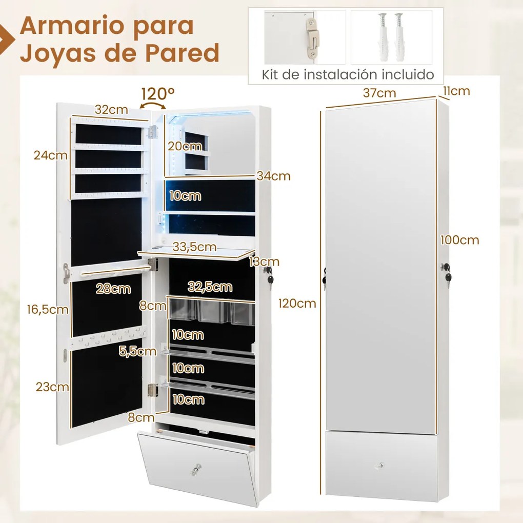 Armário para jóias com espelho LED de parede 120 cm Organizador de jóias com Estante dobrável Fechadura com chave Branco