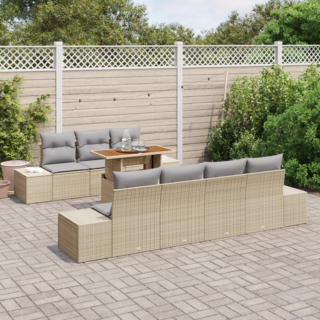 Conjunto de Jantar de Jardim com 8 Peças e Almofadas Bege em Rattan Po