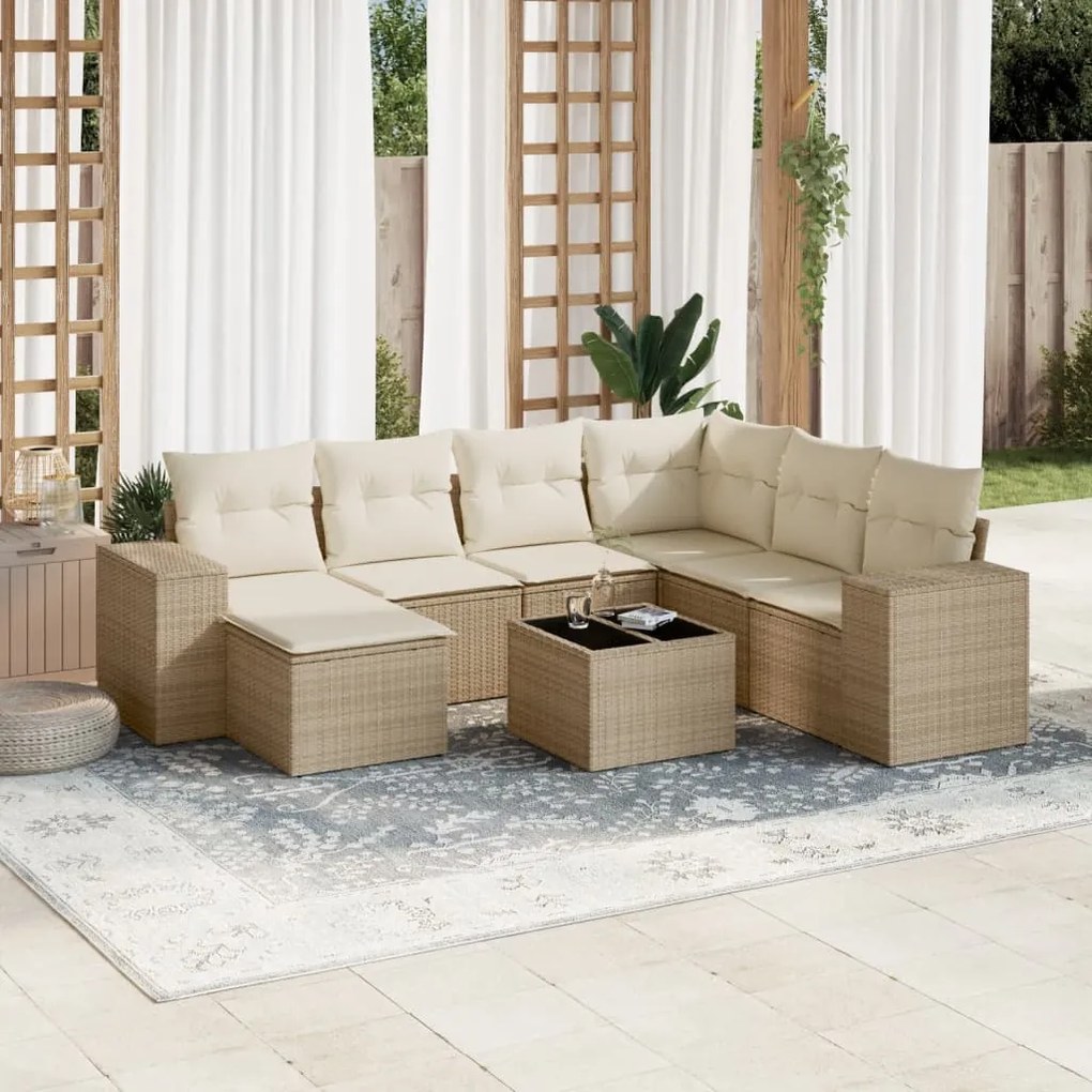 8 pcs conjunto de sofás p/ jardim com almofadões vime PE bege