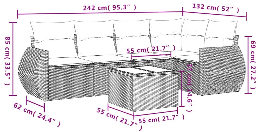 6 pcs conjunto de sofás jardim c/ almofadões vime PE castanho