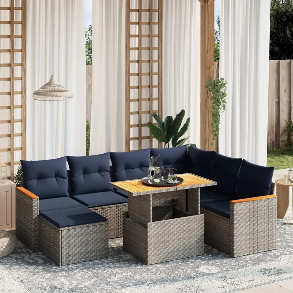 vidaXL 8 pcs conjunto sofás p/ jardim c/ almofadões vime PE cinzento
