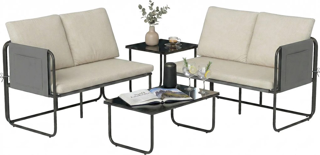 Conjunto de Jardim de 4 peças Móveis de Exterior com 2 Sofás de 2 Lugares 2 Mesas de Vidro Almofadas Capas Removíveis Preto e Bege