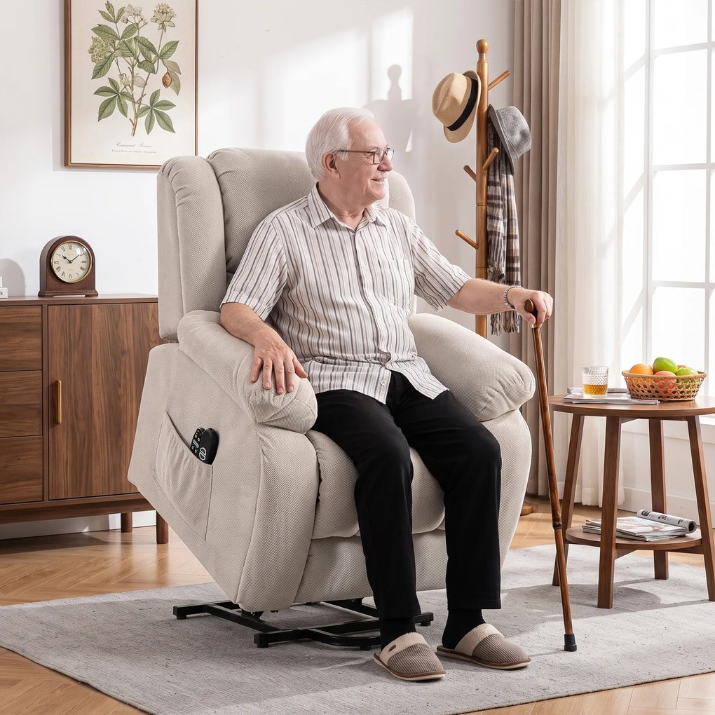 Poltrona Reclinável Elétrica Elevatória com Massagem Vibratória, Calor, Assento Largo, USB e Bolsos, Bege