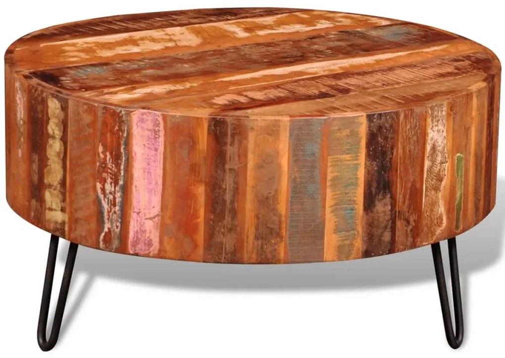 Mesa de centro redonda, madeira maciça reciclada
