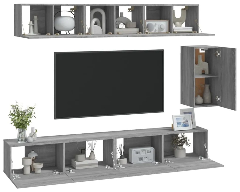 6 pcs conjunto móveis TV derivados de madeira cinzento cinzento