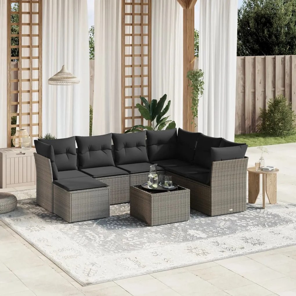 8 pcs conjunto sofás de jardim c/ almofadões vime PE cinzento