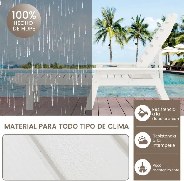 Espreguiçadeira com encosto ajustável em 4 posições, porta-copos e apoios de braços para piscina ou jardim 196-169 x 75 x 31,5-65 cm branca