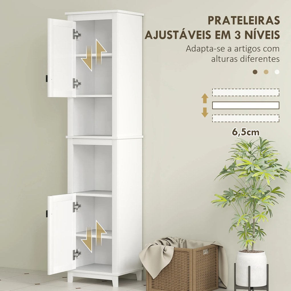 Coluna Casa de Banho com Prateleira Ajustável 2 Portas em Vime e 2 Compartimentos Estilo Boho 40x30x167,5 cm Branco