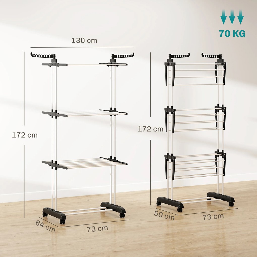 Estendal Dobrável para Roupa com Rodas Estendal Vertical de Aço com 3 Níveis Laterais Dobráveis 73x64x177cm Preto e Branco