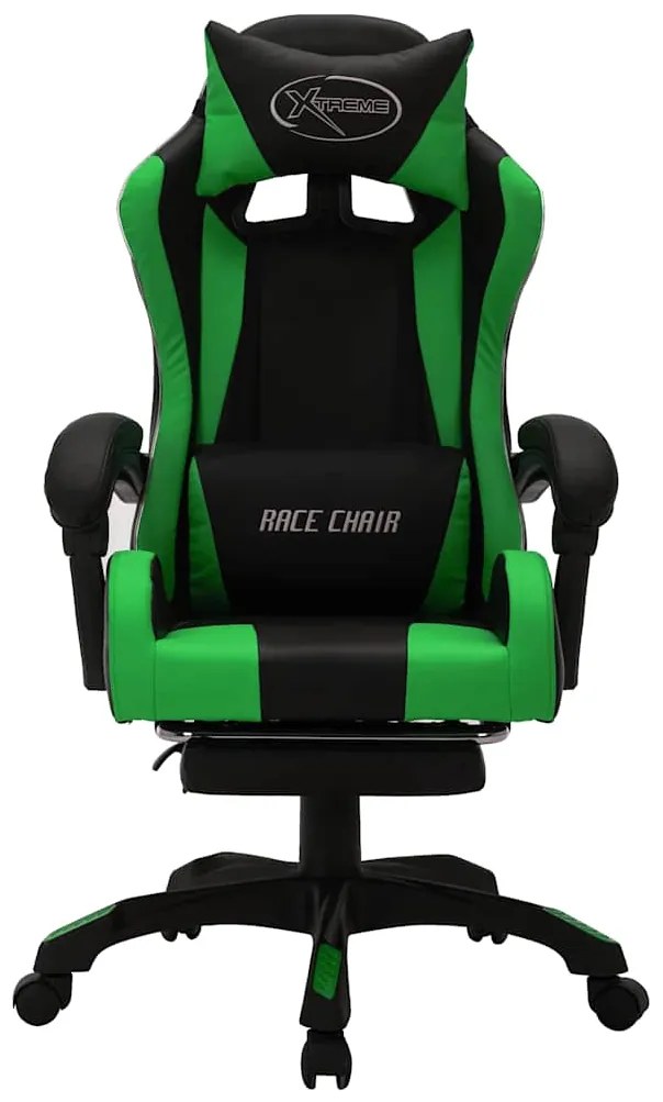 Cadeira estilo corrida luzes LED RGB couro artif. verde/preto