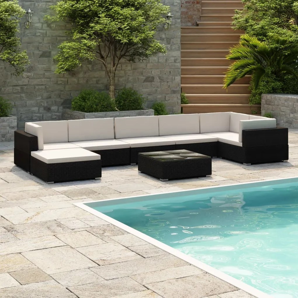 41261 vidaXL 8 pcs conjunto lounge de jardim c/ almofadões vime PE preto