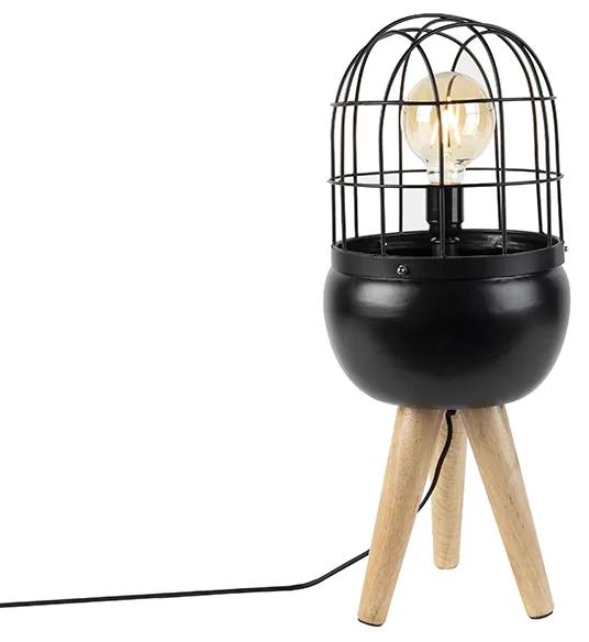 Candeeiro de mesa moderno preto em tripé de madeira - Pássaros Moderno,Rústico