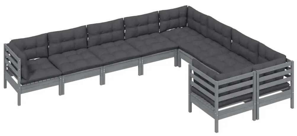 9 pcs conjunto lounge de jardim c/ almofadões pinho cinza