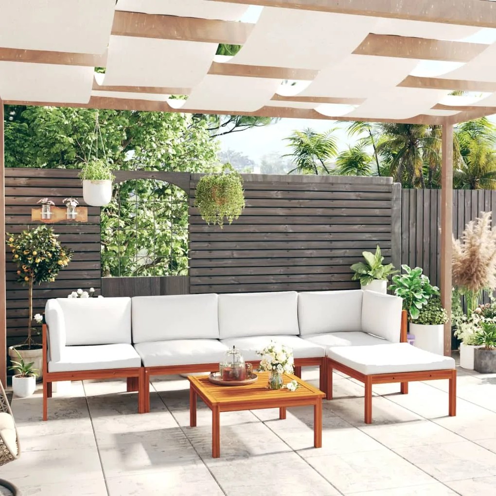vidaXL 6 pcs conjunto lounge jardim c/ almofadões acácia maciça creme
