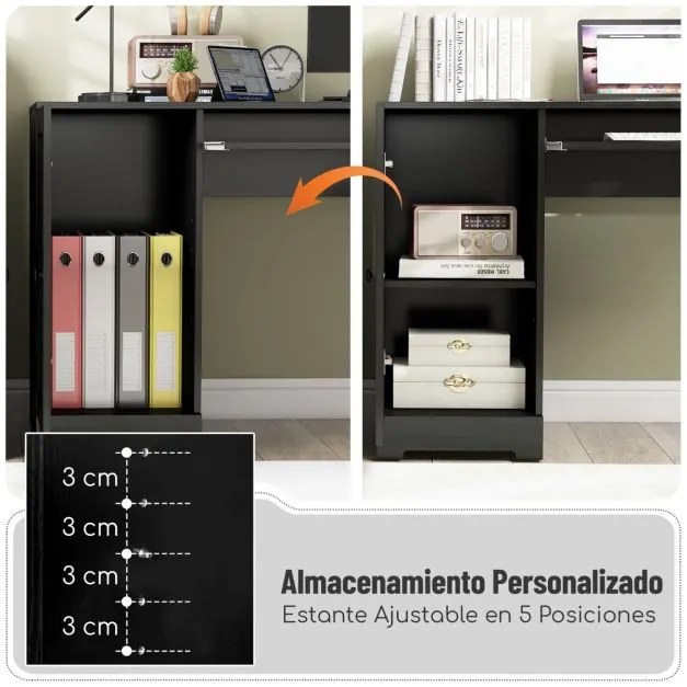 Secretária em L de 168 cm com 2 tomadas CA, uma porta USB e uma porta Tipo C 2 gavetas Estante ajustável e tabuleiro para teclado Preto