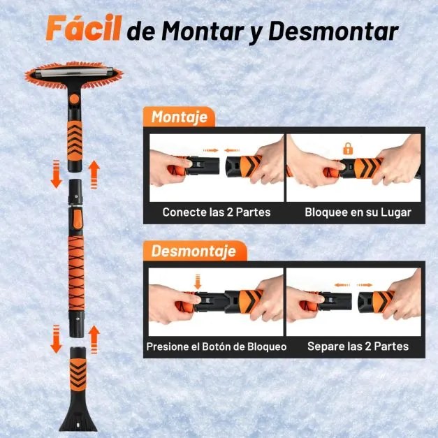 Pá de neve extensível 4 em 1 Raspador de gelo de 107 cm para pára-brisas Cabeça de escova giratória de 180° Cabo em EVA laranja