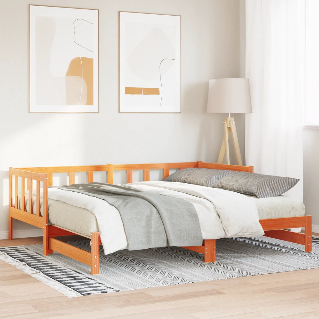 vidaXL Cama dia com cama auxiliar castanho encerado 180x200 cm madeira maciça de pinho