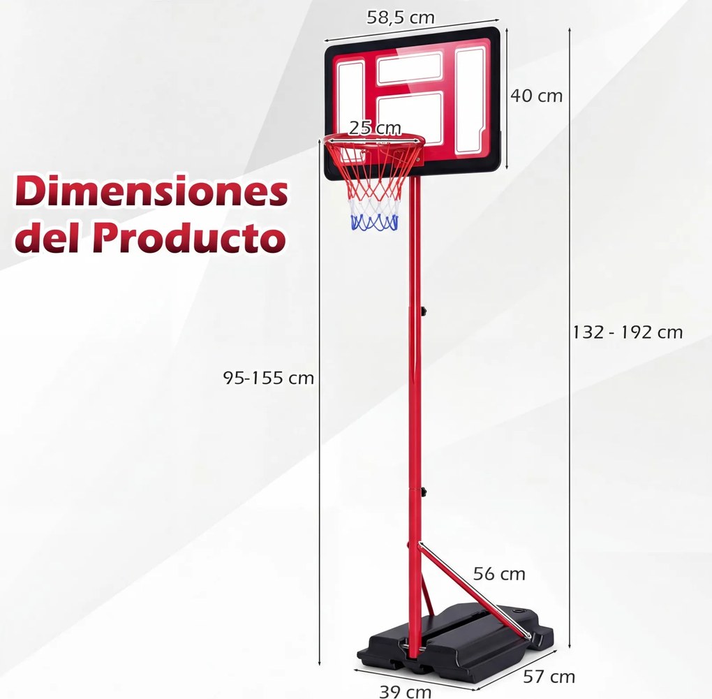 Cesto de Basquetebol para Crianças, 39 x 57 x 132-192 cm, Altura Ajustável, Vermelho e Preto