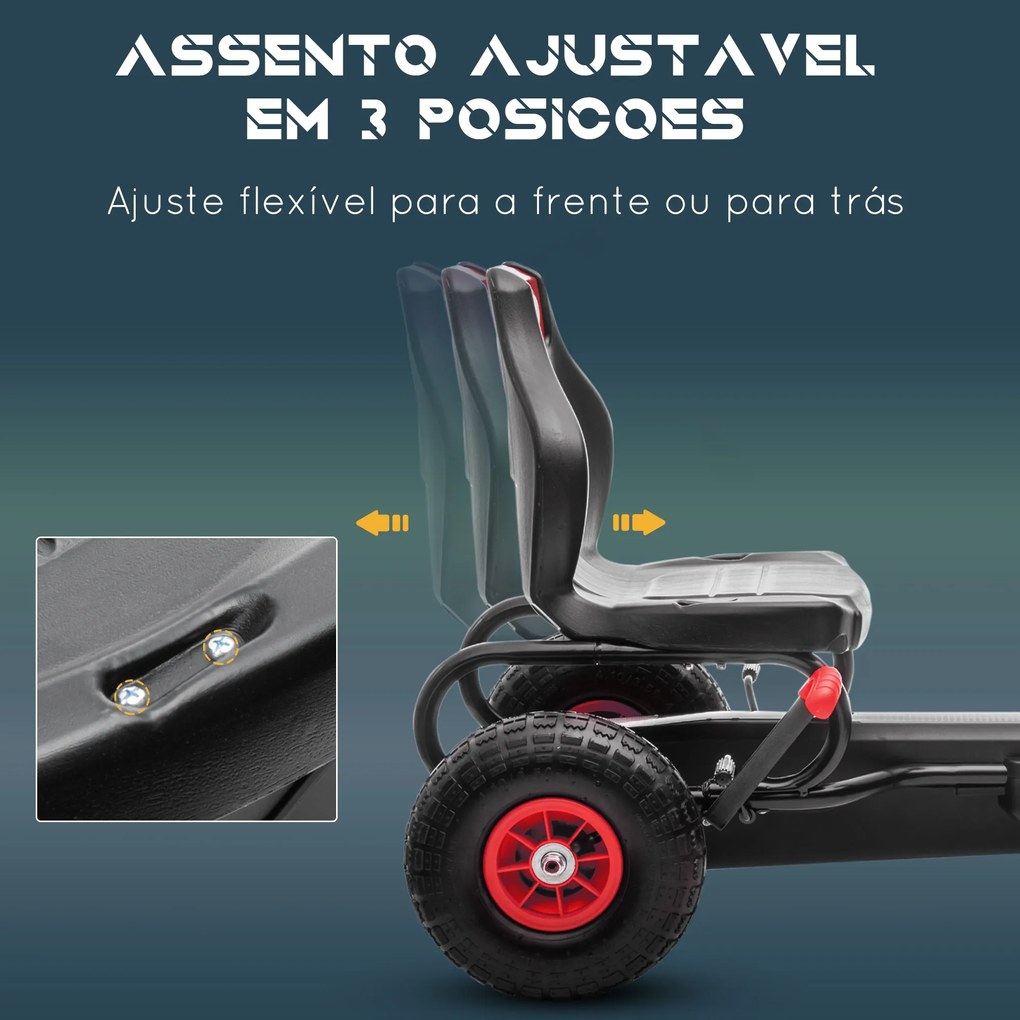 HOMCOM Kart a Pedais para Crianças 5-12 Anos Kart a Pedais Infantil com Assento Ajustável Pneus Insufláveis Amortecimento e Travão de Mão Carga Máx. 50kg 121x58x61cm Vermelho