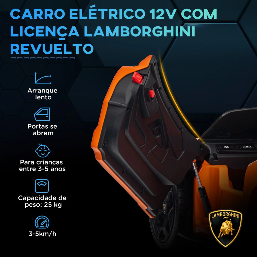 Carro Elétrico para Crianças Carro Lamborghini Revuelto com Bateria 12V Faróis LED e Música 105x60x40 cm Laranja
