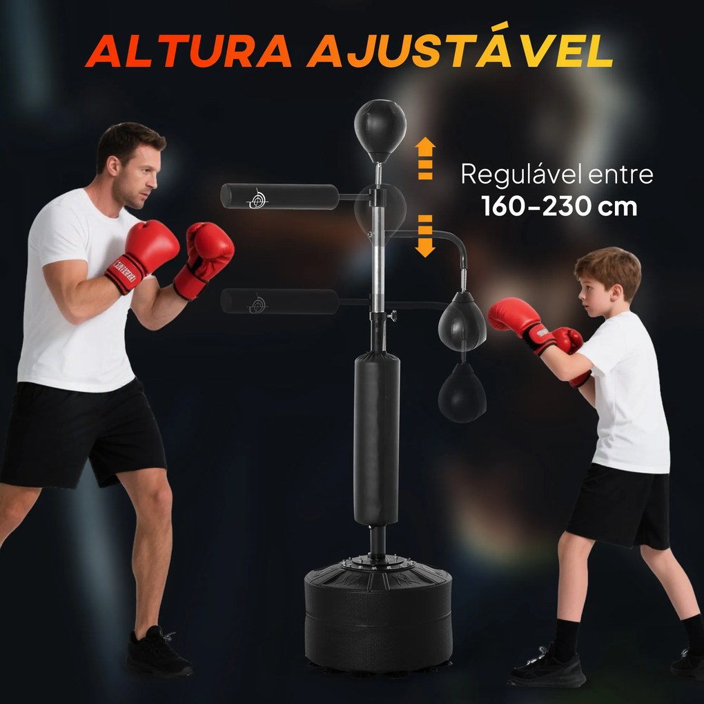 Punching Ball de Boxe com Altura Ajustável com 2 Bolas de Velocidade Barra Giratória 360° e Base Preenchida 88x50x160-230cm Preto