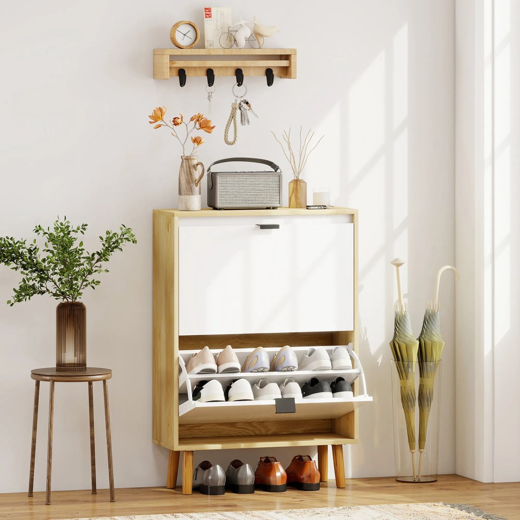 Sapateira Estreita com 2 Portas em Branco Brilhante e Estantes Ajustáveis Pés de Madeira para 12 Pares de Sapatos 60x24x91 cm
