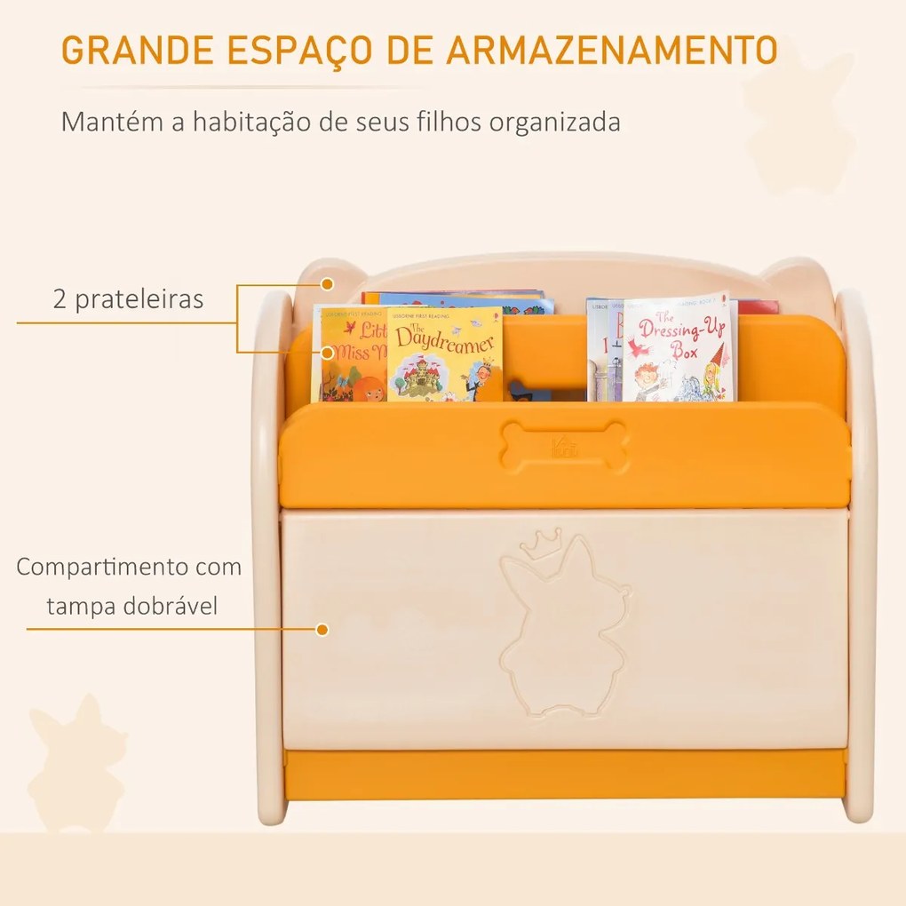 Estante Infantil de Brinquedos e Livros para Crianças com 2 Prateleiras e Caixa de Armazenamento com Tampa Dobrável para Habitação Infantil 70x33x62,5