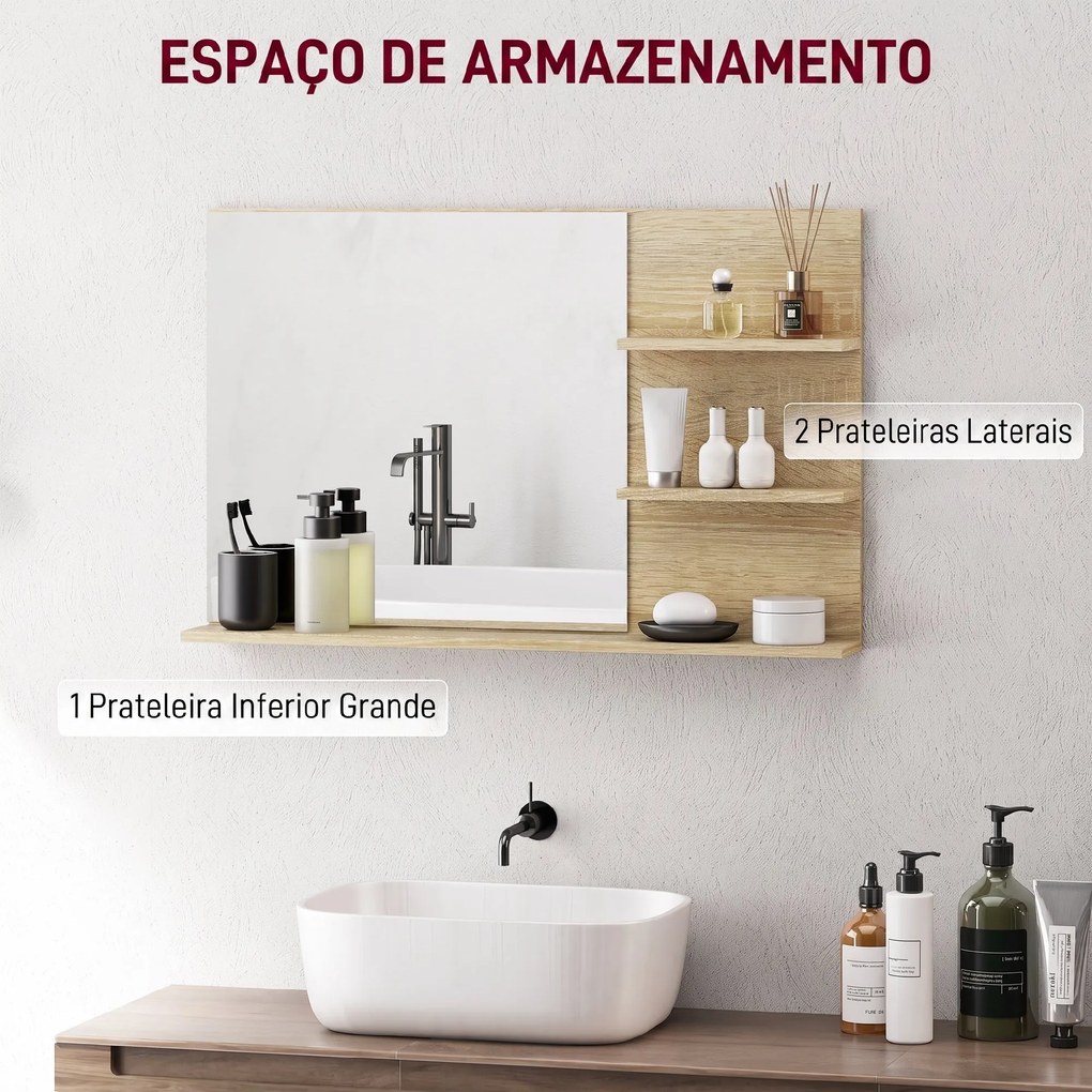 Espelho de Parede para Casa de Banho com 2 Prateleiras Laterais e Prateleira Inferior 75x10x48 cm Madeira Natural