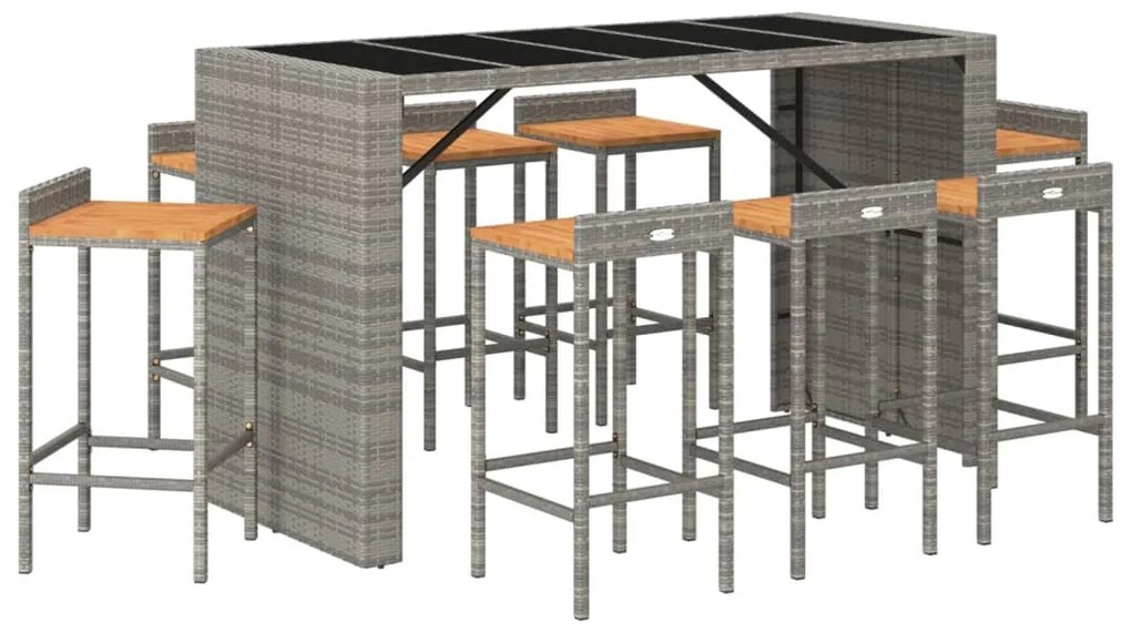 9 pcs conjunto de bar p/ jardim vime PE/acácia maciça cinzento