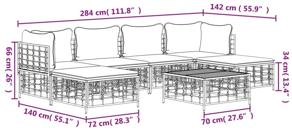 7 pcs conjunto lounge de jardim c/ almofadões vime PE antracite