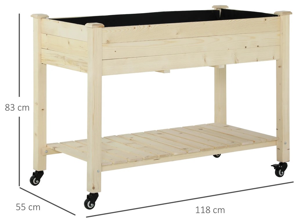 Horta urbana mesa de cultivo elevada de madeira com prateleira tecido Geotêxtil rodas com Freios portátil para Jardim 118x55x83 cm Cor Natural