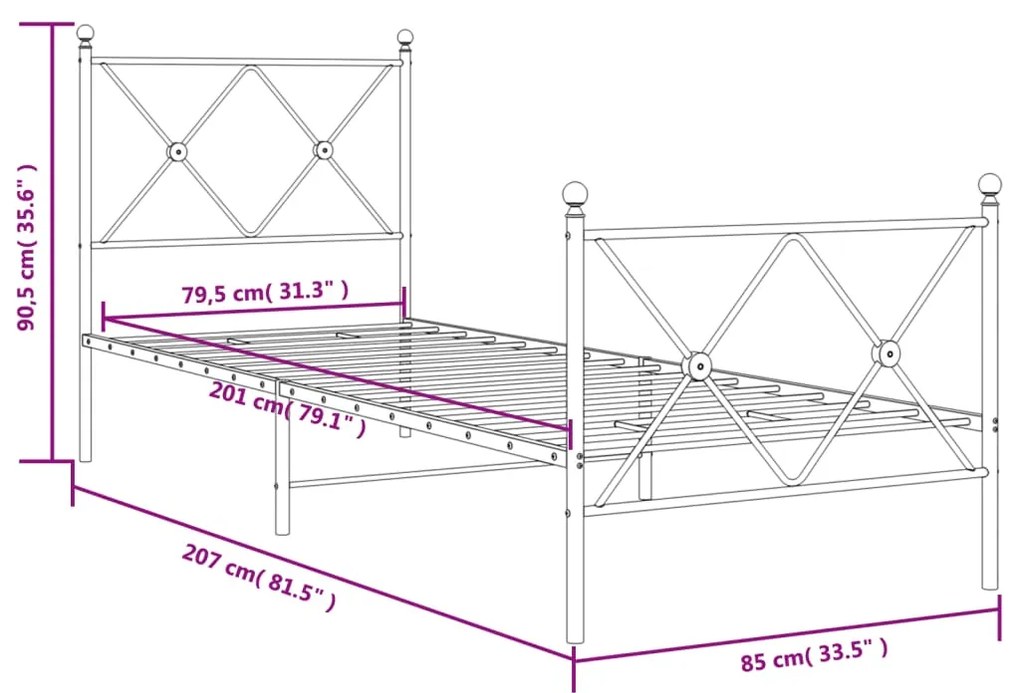 Estrutura de cama com cabeceira e pés 80x200 cm metal branco