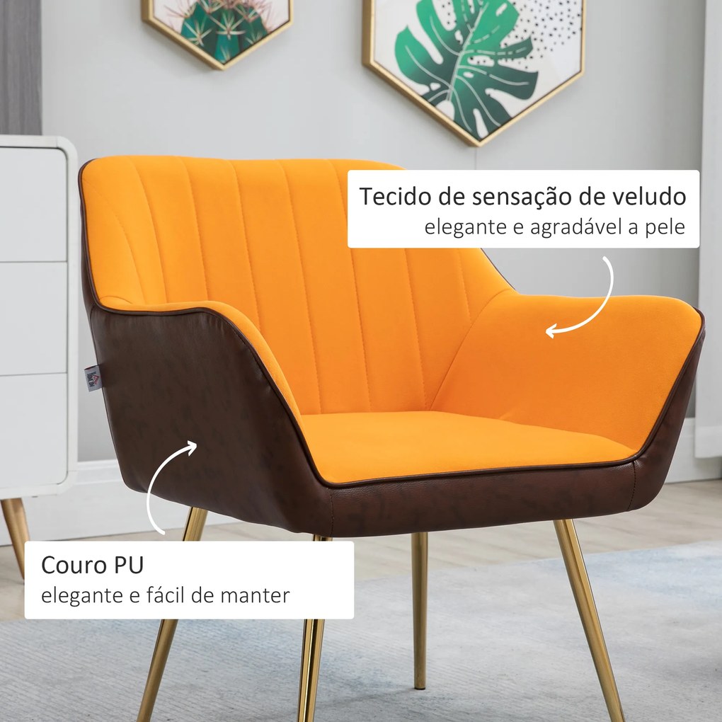 Poltrona de Sala de Estar Estofada em Couro Sintético e Veludo com Apoios para os Braços Pés Dourados 64x62x72,5 cm Amarelo
