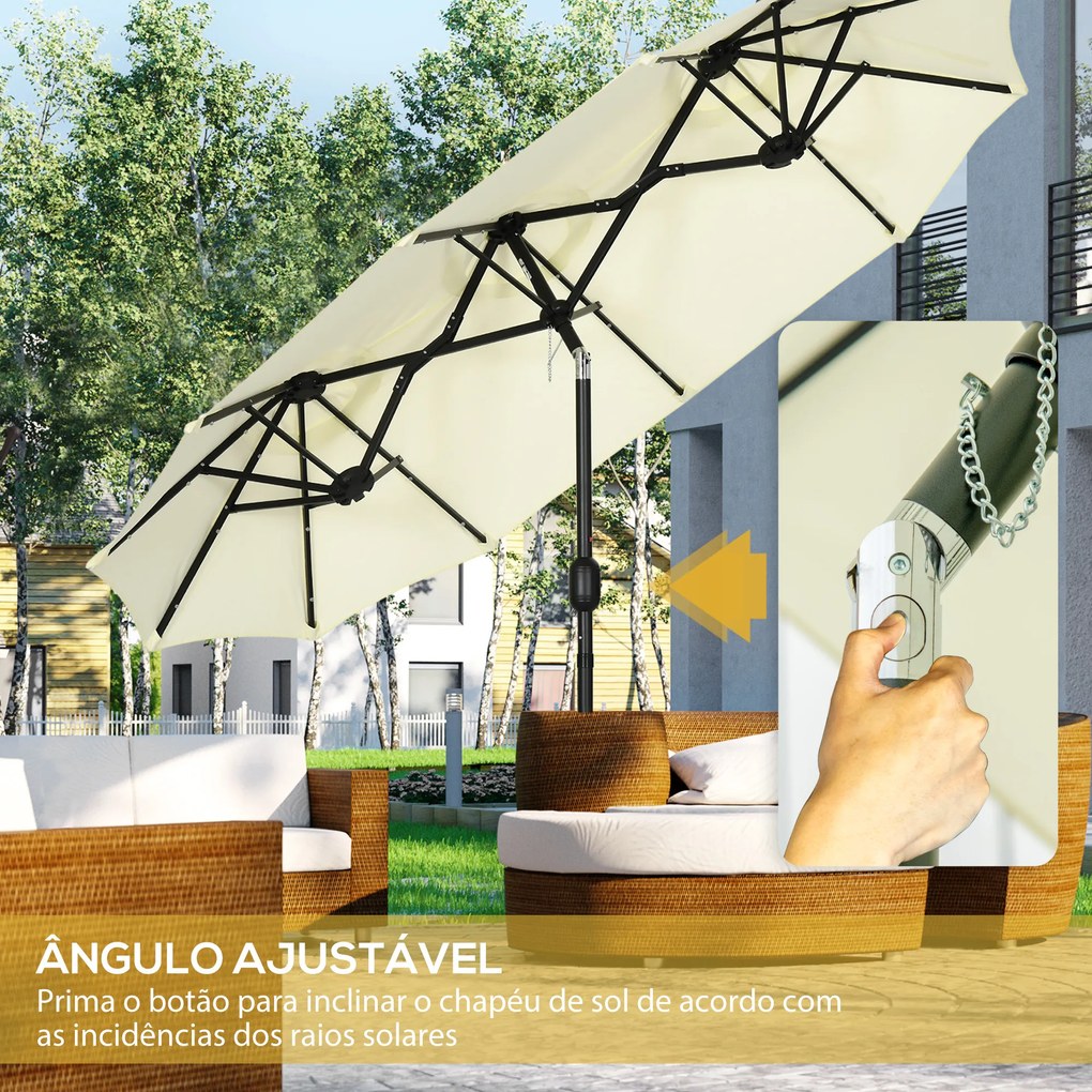 Outsunny Chapéu de Sol Duplo com Luzes LED 280x146x227cm Chapéu de Sol de Jardim com Inclinação de 45° Manivela Estrutura de Aço para Pátio Varanda Piscina Bege
