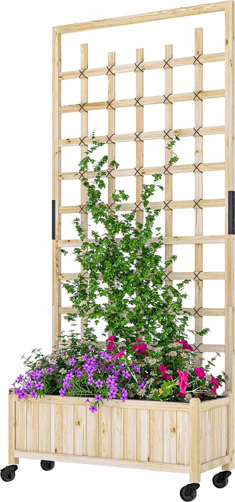 Floreira com treliça 82,5 x 35 x 186 cm, floreira com rodas, para plantas trepadeiras, madeira natural