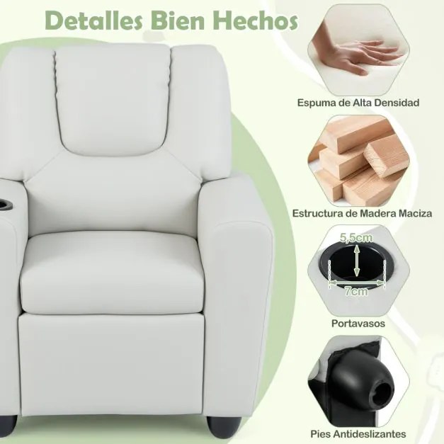 Poltrona reclinável para crianças em veludo, com porta-copos e apoio para os pés ajustável, para sala de estar ou área de jogos, a partir dos 3 anos,