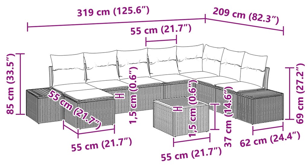 Conjunto de Sofá de Jardim 9 Peças com Almofadas Preto de Rattan Acáci