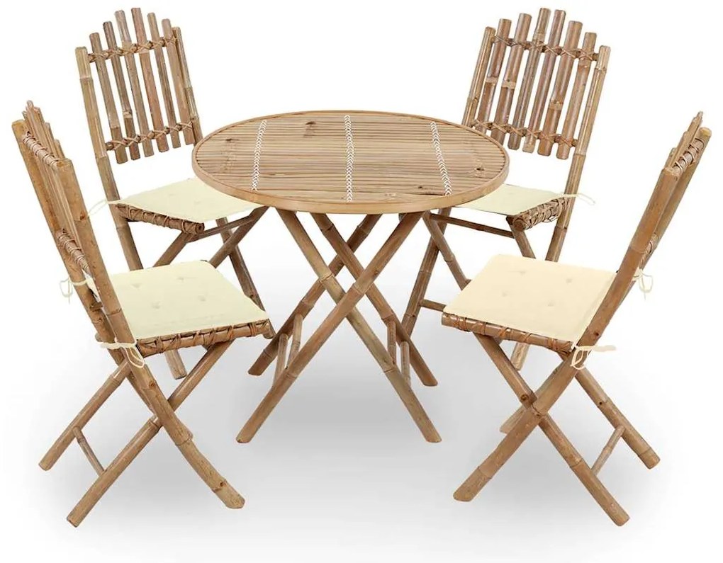 vidaXL 5 pcs conj. de jantar dobrável c/ almofadões p/ exterior bambu