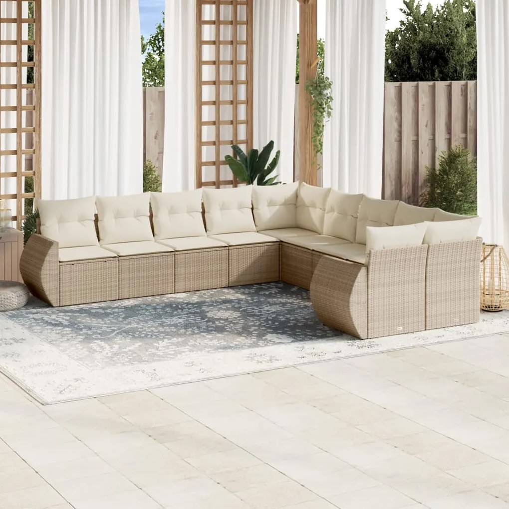 10 pcs conjunto de sofás p/ jardim com almofadões vime PE bege