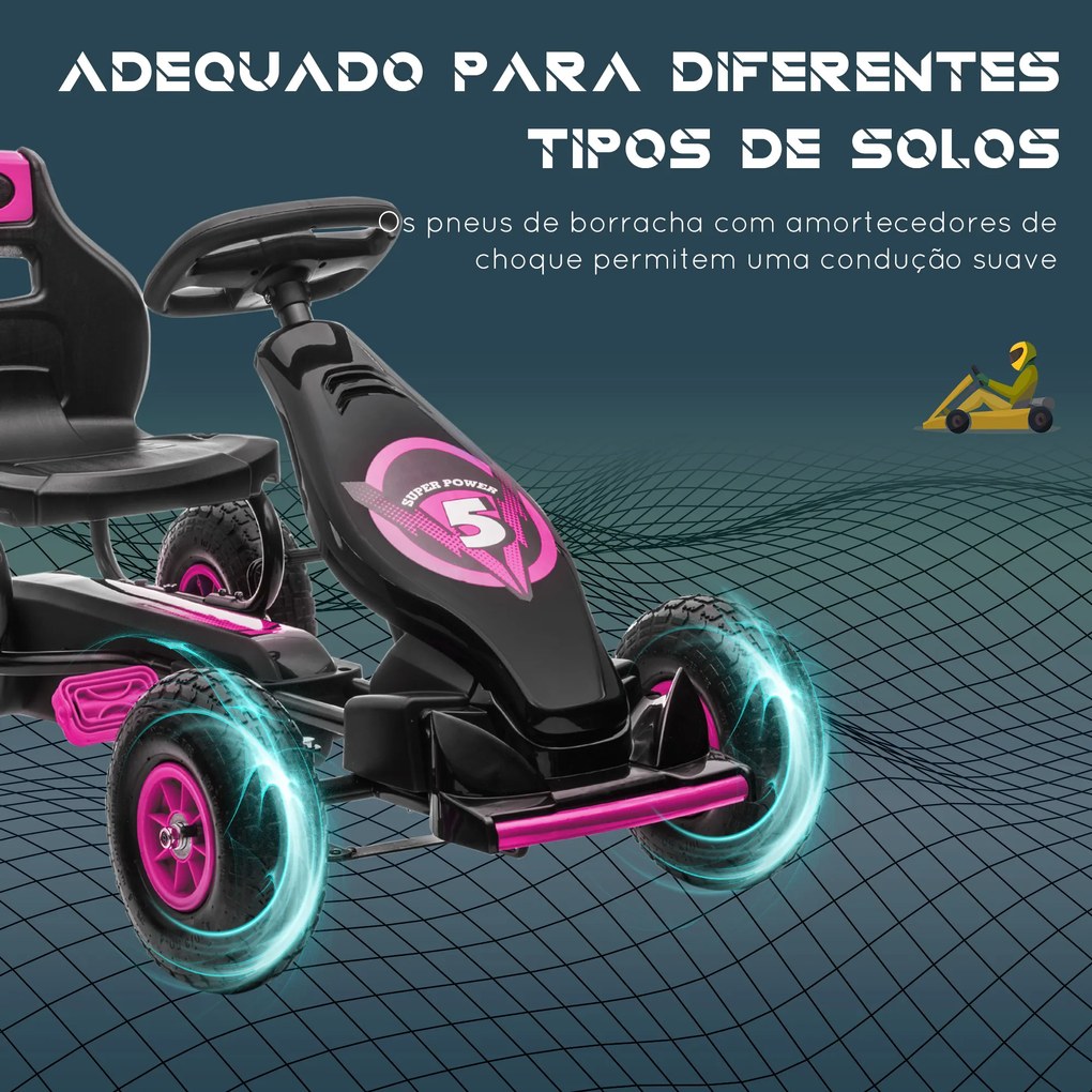 Kart a Pedais para Crianças 5-12 Anos com Assento Ajustável Pneus Insufláveis Amortecimento e Travão de Mão 121x58x61 cm Rosa